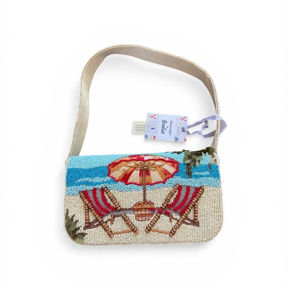 Beaded Beach Scene Shoulder Bag with Umbrella Motif